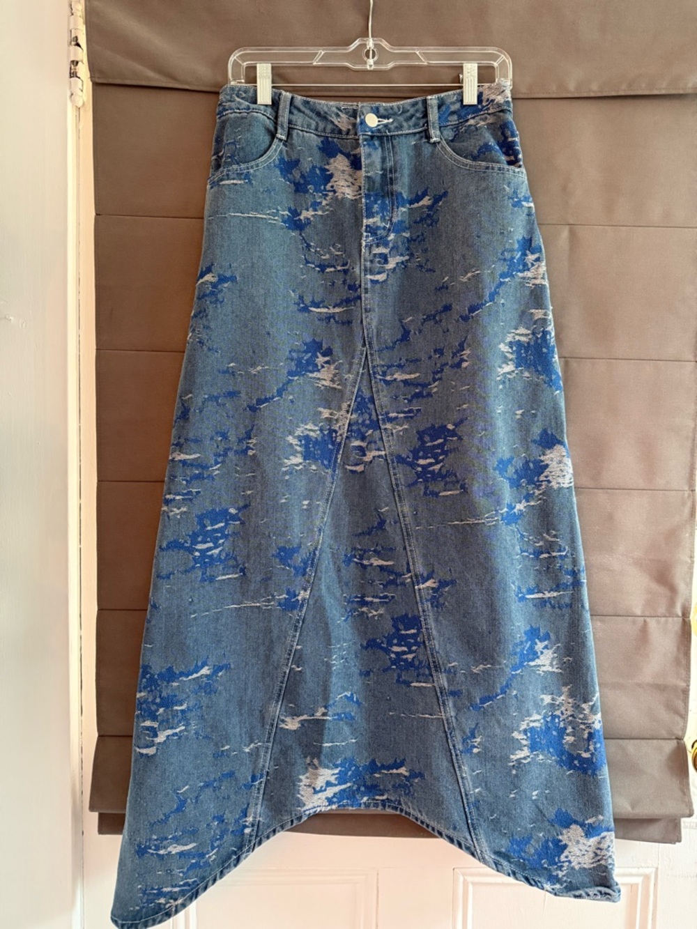 Udel New York Printed Denim Maxi Skirt | Cloud Wash Handkerchief Hem | Size M